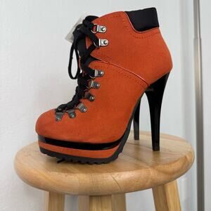 2010s Indie Sleaze Stiletto Hiking Style Boots Orange Size 8 Heels Platform